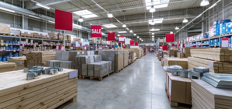 Hardware store aisle featuring organized lumber, tiles, and metal fittings with prominent sale tags for DIY enthusiasts.