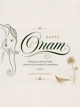 Minimal Happy Onam Greeting Card with Elephant Line Art and Kerala Boat