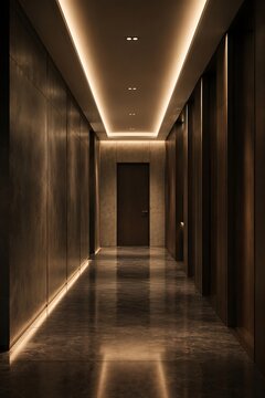 Modern luxury hallway with warm ambient lighting and reflective floors.
