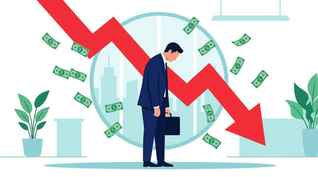 Financial Crisis Illustration featuring a sad businessman standing under a falling red arrow and scattered money, ideal for economic news and market crash analysis.
