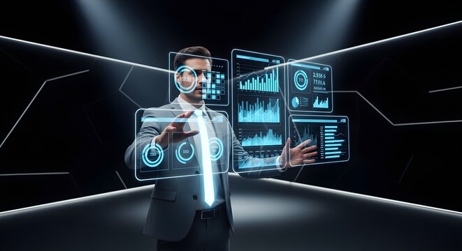 Professional man in suit engaging with advanced holographic data displays, visualizing complex analytics in a sleek, futuristic digital space. Business innovation concept.