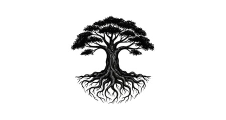 Fototapeta premium Tree silhouette with detailed roots on transparent background