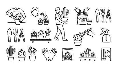 Obraz premium Cactus and Succulent Plant Gardening Icon Set in Thin Line Style Featuring Planting, Watering, Soil Mixing, and Cultivation Tools Vector Illustration