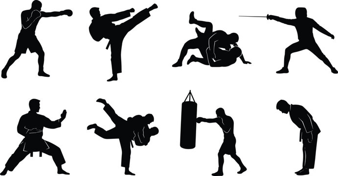 Martial arts and combat sports silhouette set featuring boxing karate judo fencing wrestling and punching bag isolated on white background