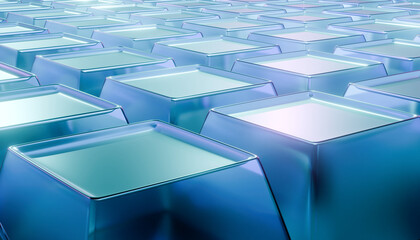 Shiny blue metallic cubes arranged grid pattern create visually striking abstract background. reflective surfaces enhance © BHP Studio
