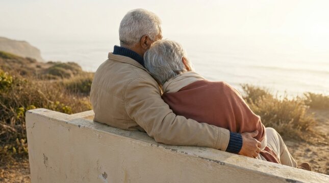 Devoted elderly pair relax in a close embrace on a coastal lookout seat, photographed from behind as warm evening sunlight crosses dry headland grasses and a softly glowing calm ocean horizon