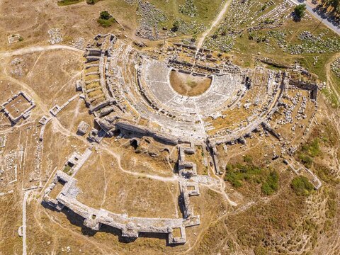 Aerial View of the Grand Theater of Miletus Ancient City with Alluvial Plains in Aydin Turkey. 
Miletus was a prosperous ancient Greek city on the western coast of Anatolia. 