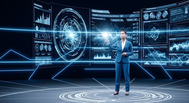 Businesswoman interacting with futuristic holographic data interface displaying charts and graphs in a modern technology hub