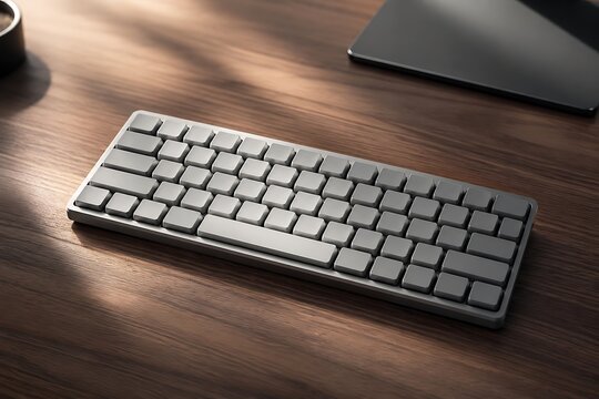 A minimalist grey mechanical keyboard rests on a wooden desk, bathed in warm sunlight filtering through blinds.