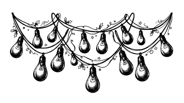 Festive string of light bulbs with holly and stars illustration
