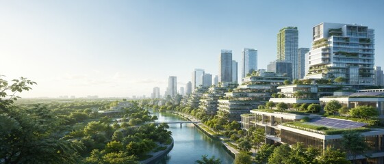 Fototapeta premium Modern city landscape with green architecture and waterways