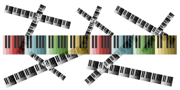 Illustrazione su sfondo trasparente o bianco con tastiere di pianoforte disposte in un intreccio casuale