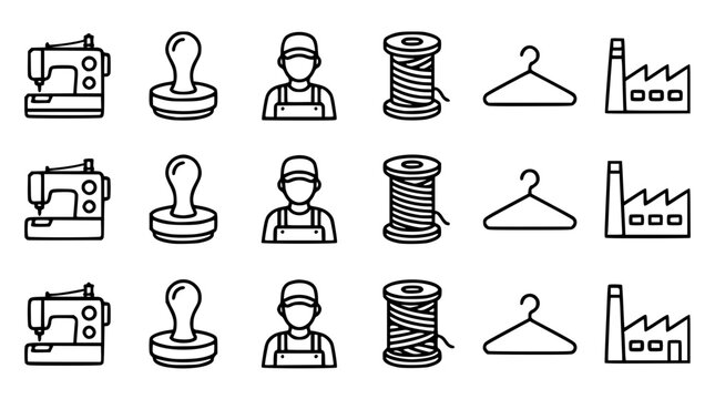 Black and white vector graphic illustration of sewing factory icons