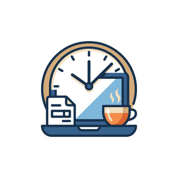 Laptop with clock and coffee.