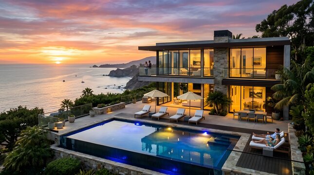 Modern luxury mansion on the oceanfront with glowing pool and terrace at sunset, real estate 