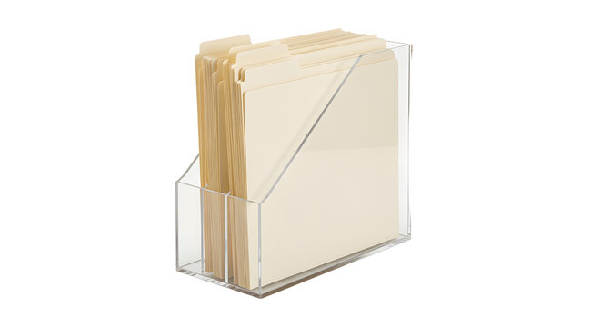 Clear acrylic desk organizer holding manila file folders for office document storage