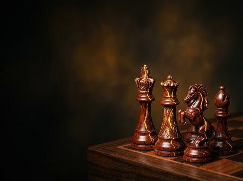 Wooden chess pieces on a board with dark background for International World Chess Day FIDE  