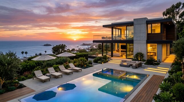 Modern luxury mansion on the oceanfront with glowing pool and terrace at sunset, real estate 