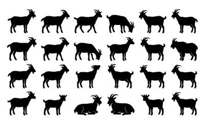 Fototapeta premium Professional goat silhouette bundle with realistic black farm animal vectors