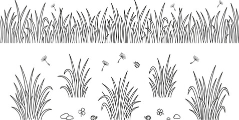Hand Drawn Grass Tufts and Continuous Seamless Meadow Border Vector Set with Dandelion Seeds, Ladybug, and Clovers for Spring Nature Background Designs © Morjina