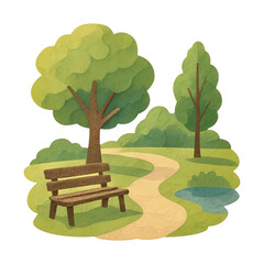 Naklejka premium PNG Serene park with wooden bench.