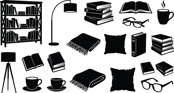 Cozy Reading Silhouette Set Featuring Books Bookshelf Floor Lamps Coffee Mugs and Blankets