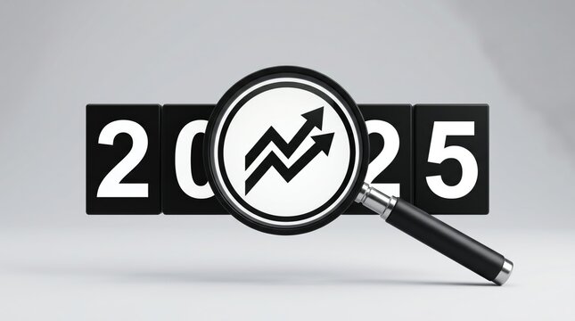 Magnifying glass on 2025 with graph symbol on gray background