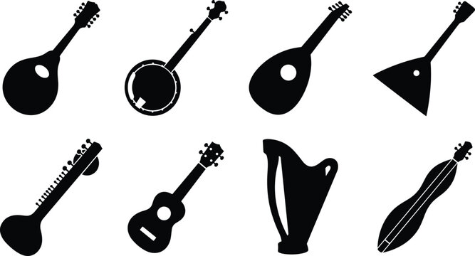 Set of folk and stringed musical instrument silhouettes for traditional music and cultural design projects