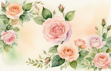 Fototapeta premium Elegant watercolor border illustration of blooming pink and peach roses with green foliage on a soft pastel background.