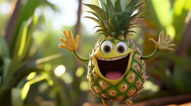 Happy cartoon pineapple character joyfully leaping in a tropical setting.