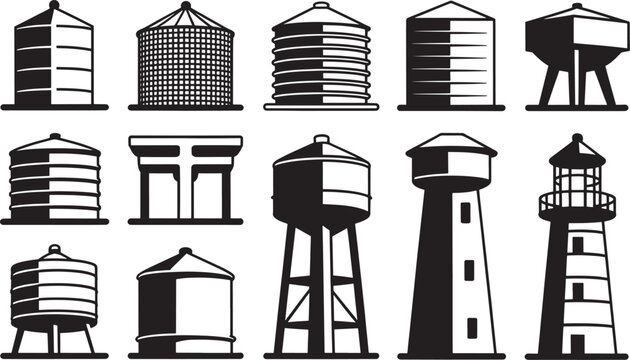 Collection of various agricultural silos and water towers isolated on transparent background vector illustration.