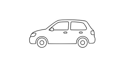 Fototapeta premium Rounded small city car vector icon, minimalist black line hatchback illustration in side profile with outlined windows, doors, wheels, mirror, lights, perfect for transport, rental, travel apps
