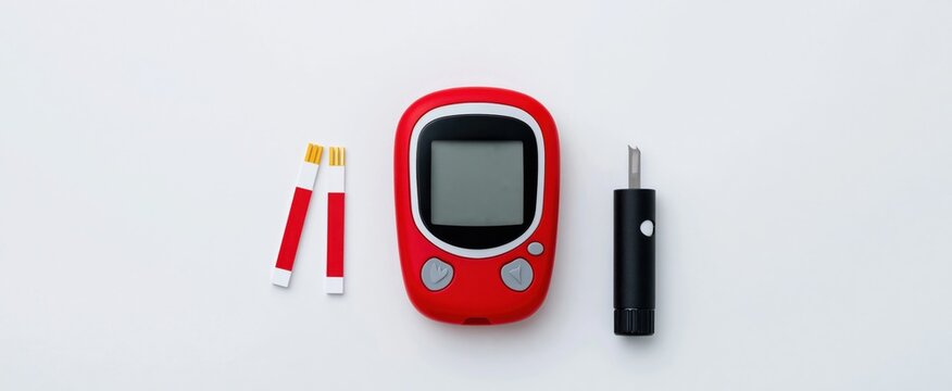 Blood sugar monitor with test strips and lancet device on white surface for diabetes management.
