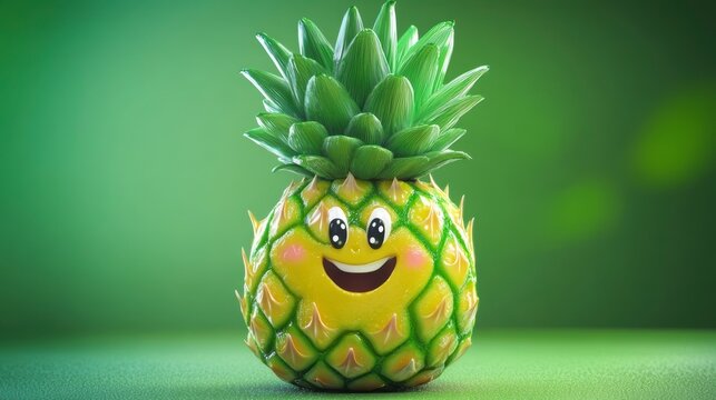 Happy cartoon pineapple with smiling face against green background.