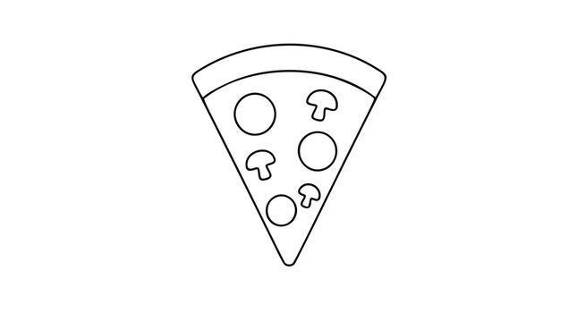 Cheesy pizza slice vector icon, minimalist hand-drawn outline illustration of triangular fast food with mushrooms and pepperoni, perfect for pizzeria branding, takeout menus, stickers, and apps