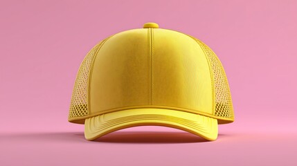 Fototapeta premium Minimal 3D trucker cap icon featuring a yellow mesh baseball hat with rounded design on a pastel pink background. Modern fashion accessory symbol for casual wear and streetwear concepts.