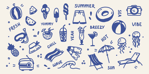 Big hand drawn summer beach doodle set in a monochromatic blue color scheme on cream background. Creative tropical vacation elements and lettering typography for seasonal designs © Helen
