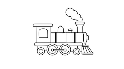 Cute vintage steam train vector icon, clean hand-drawn outline locomotive with smoke cloud, cab, wheels and front cowcatcher, minimalist line illustration for railway travel themes © Malik