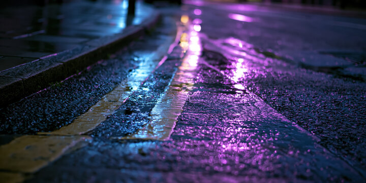 Wet urban street at night with colorful light reflections