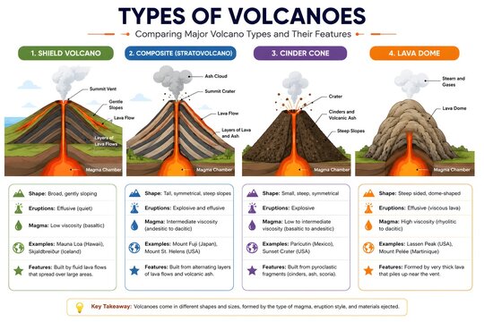 Types of Volcanoes Infographic &ndash; Shield, Composite, Cinder Cone, and Lava Dome Comparison