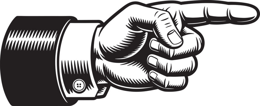 Hand pointing with index finger in suit on patterned background.
