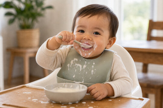 Baby successfully feeding themselves with spoon