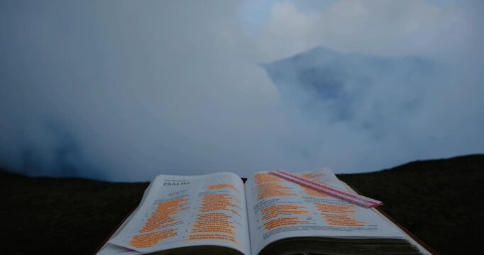 Open Bible on Mount Bromo Volcano in East Java, Indonesia