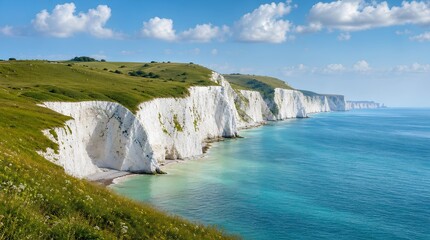 Fototapeta premium White chalk sea cliffs with green grassland rise above calm turquoise water under a blue sky, ideal for coastal travel, nature tourism, and scenic landscape promotions.