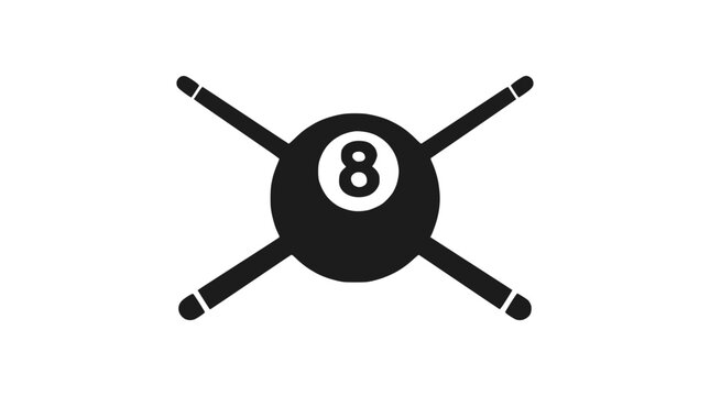 Billiard 8-ball with crossed pool cues icon.
