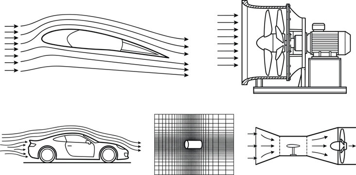 Aerodynamics and Fluid Dynamics Study Diagrams Featuring Wind Tunnel Testing and Airflow Analysis