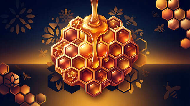 Golden honeycomb with dripping honey, sweet food and drink concept