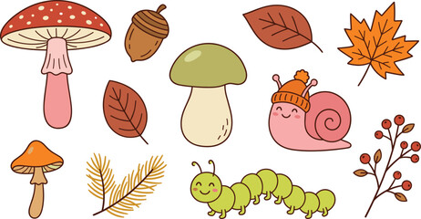 Autumn forest element collection featuring cute cartoon mushrooms leaves berries caterpillar and snail vector illustrations. © Shukimon