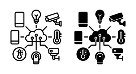 Smart Home Technology Icons, IoT Cloud Network System, Connected Devices, Security Cameras, Thermometers, Light Bulbs, Smartphones, Vector Set © Faruk