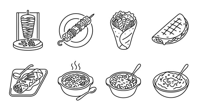 Food Icons Set - Street Food, Fast Food, and Comfort Meals Line Art